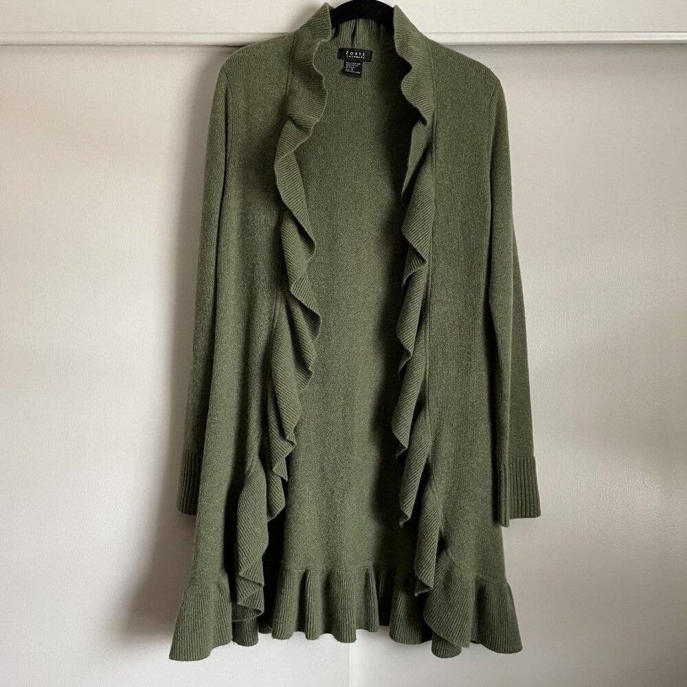 Forte Cashmere Ruffled Hem Open Front Cardigan Long Sweater Size S Green NWOT